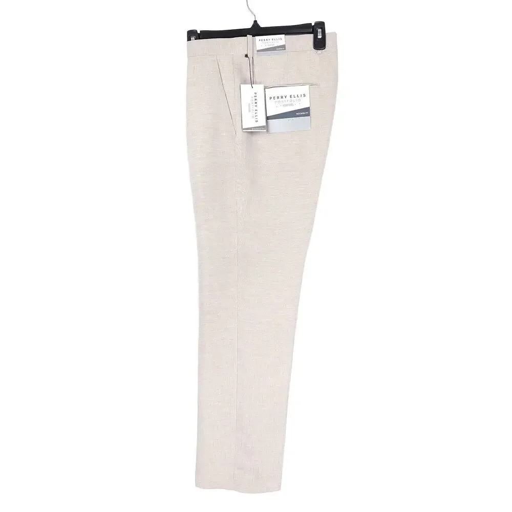 Perry Ellis Portfolio Mens Modern Fit Dress Pants 32x29 Light Tan Linen Cotton